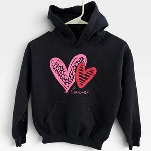Gildan Youth M Black Hoodie Sweatshirt Pink Leopard Hearts Valentine's Day M